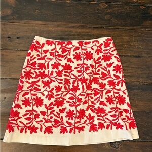 White & Red Floral Embroidered A-Line Skirt